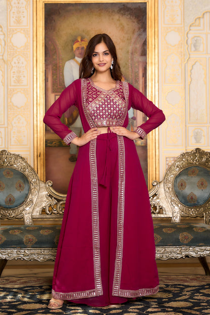 Party Wear Maroon Color Foux Georgette Heavy Embroidery Lace Work Palazzo Suit With Shrug