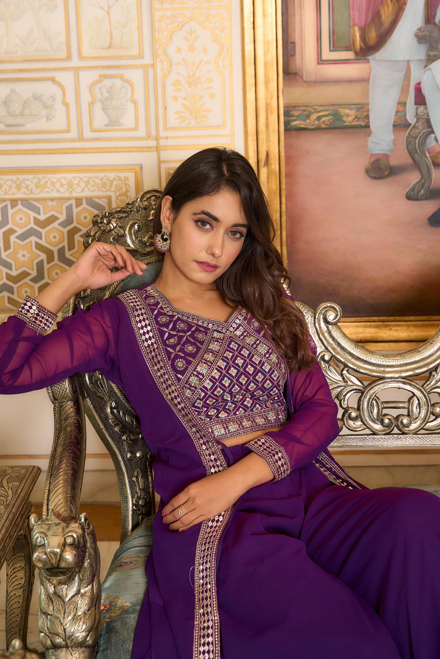 Party Wear Purple Color Foux Georgette Heavy Embroidery Lace Work Palazzo Suit With Shrug