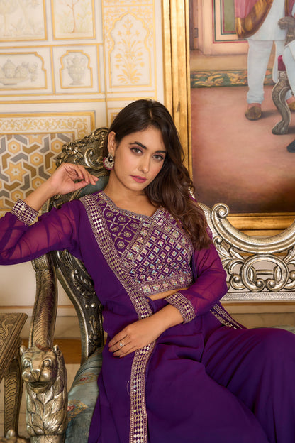 Party Wear Purple Color Foux Georgette Heavy Embroidery Lace Work Palazzo Suit With Shrug