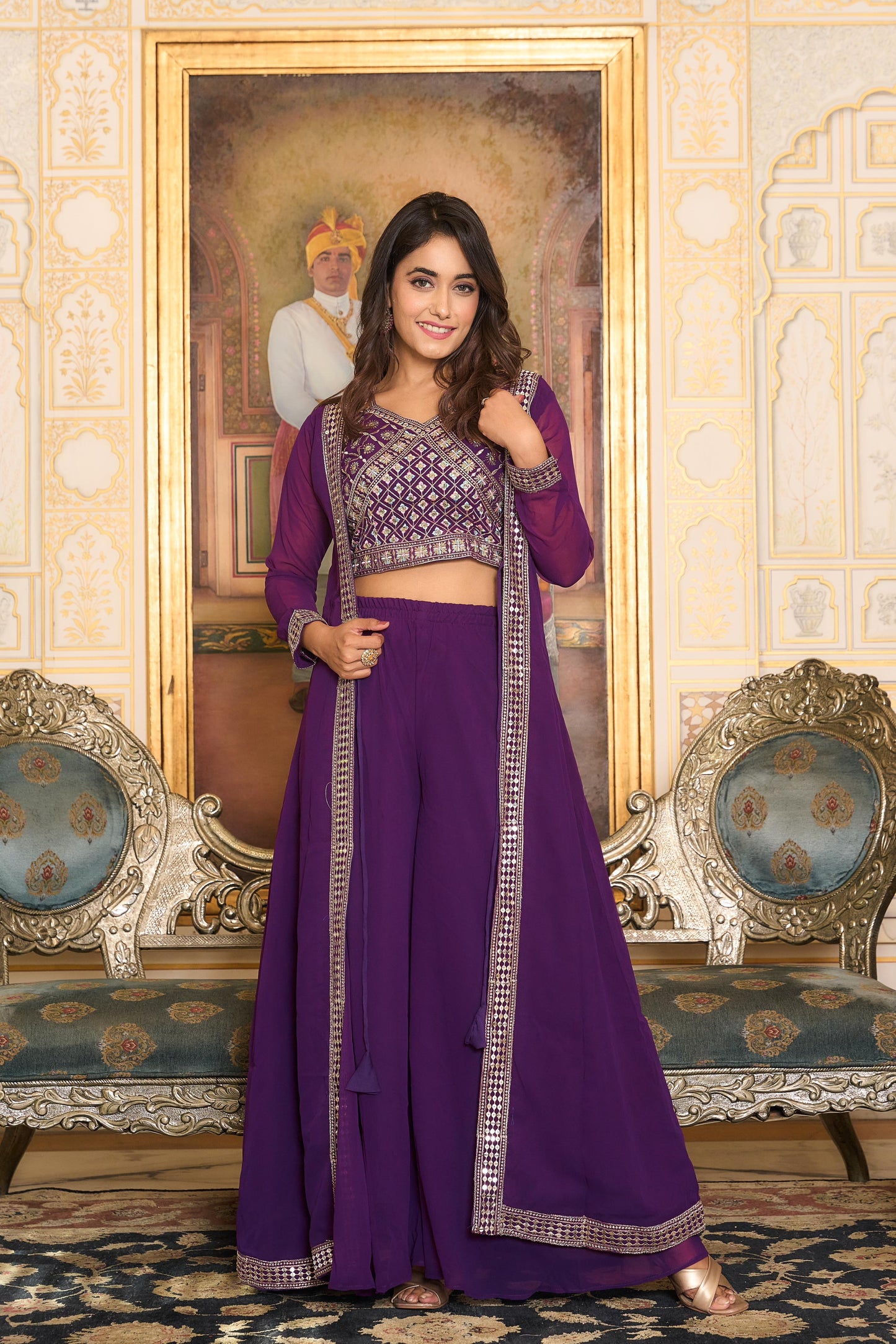 Party Wear Purple Color Foux Georgette Heavy Embroidery Lace Work Palazzo Suit With Shrug