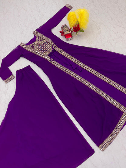 Party Wear Purple Color Foux Georgette Heavy Embroidery Lace Work Palazzo Suit With Shrug