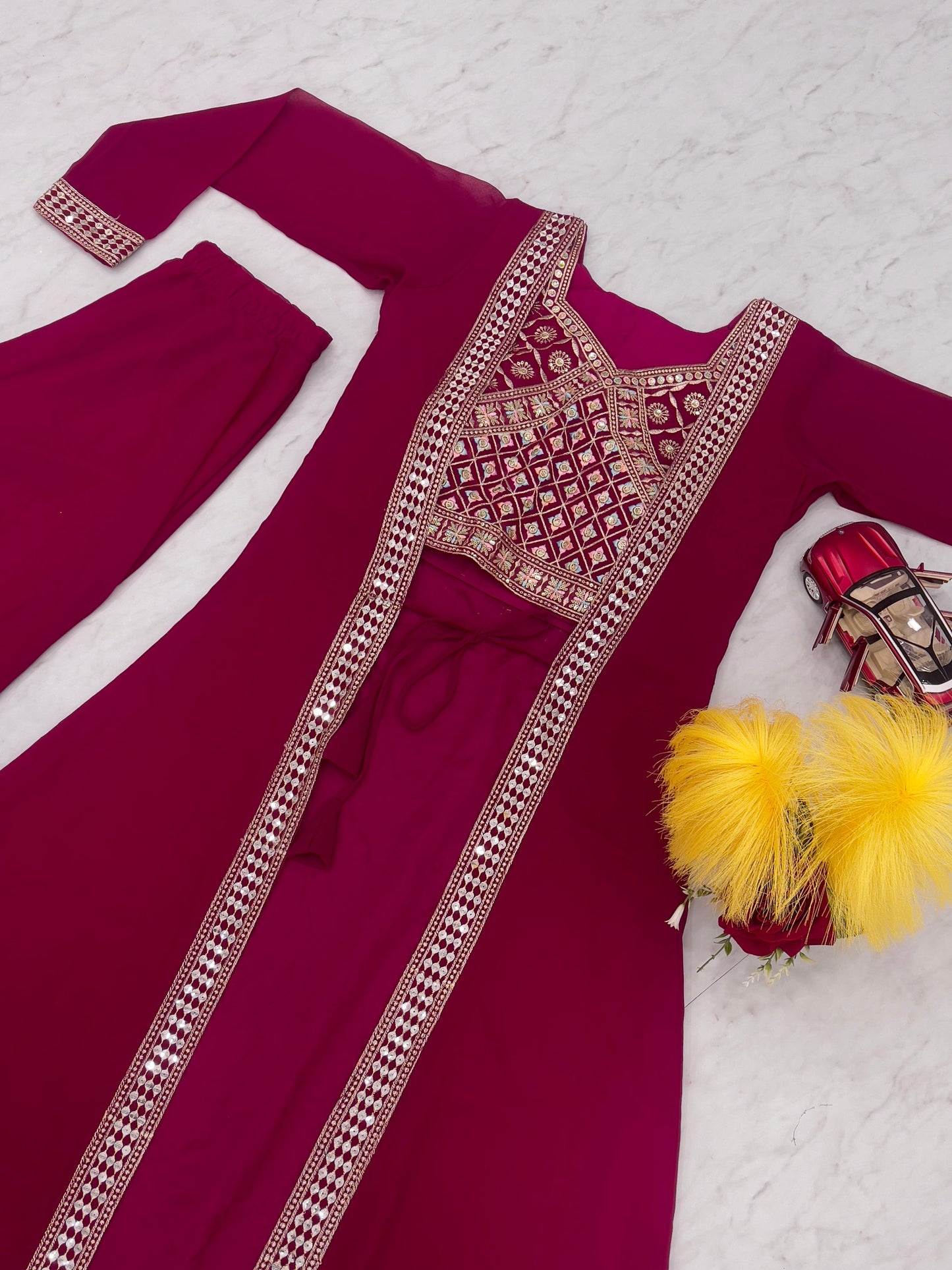 Party Wear Maroon Color Foux Georgette Heavy Embroidery Lace Work Palazzo Suit With Shrug
