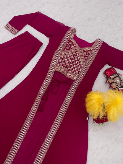 Party Wear Maroon Color Foux Georgette Heavy Embroidery Lace Work Palazzo Suit With Shrug