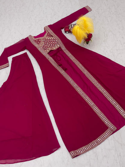Party Wear Maroon Color Foux Georgette Heavy Embroidery Lace Work Palazzo Suit With Shrug