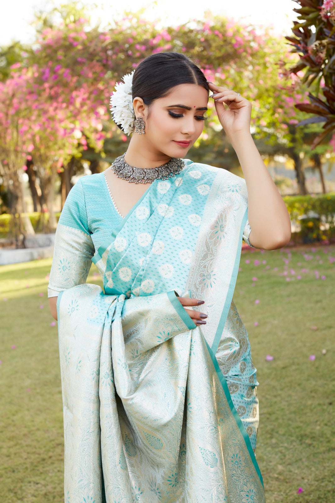 Glossy Sky Blue Color Beautiful Weaving Butta Work Pure Kanjivaram Soft Satin Silk Saree
