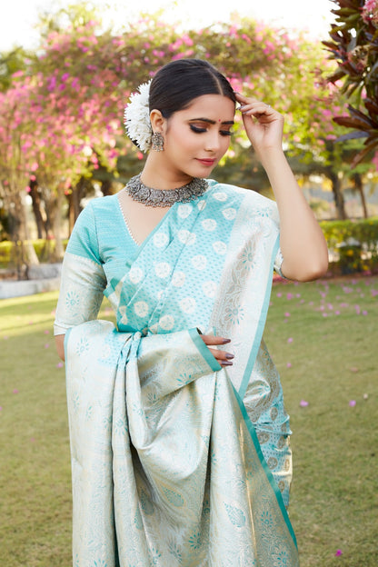Glossy Sky Blue Color Beautiful Weaving Butta Work Pure Kanjivaram Soft Satin Silk Saree