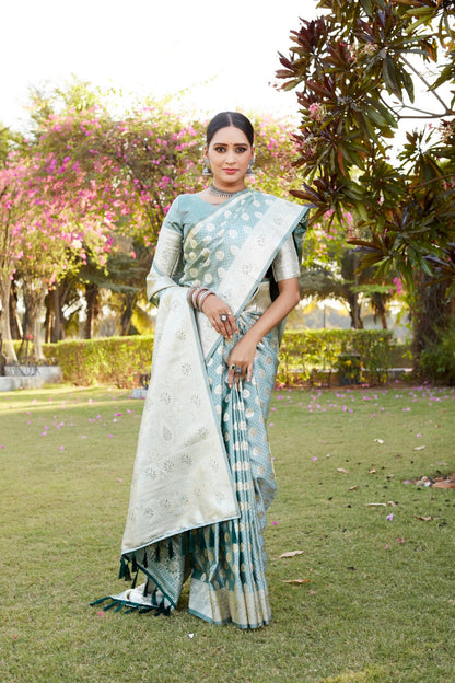 Elegant Shadow Green Color Beautiful Weaving Butta Work Pure Kanjivaram Soft Satin Silk Saree