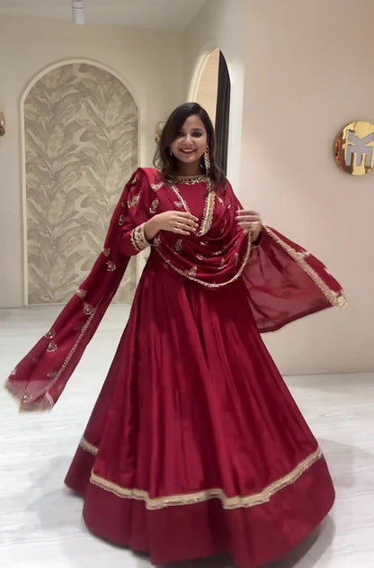 Party Wear Red Color Pure Chinon Silk With Heavy Embroidery 5mm Sequence Work Designer Gown