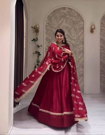 Party Wear Red Color Pure Chinon Silk With Heavy Embroidery 5mm Sequence Work Designer Gown