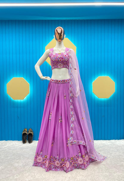 Wedding Wear Lavender Color Chinon Sequence Embroidery Work Lehenga Choli With Koti