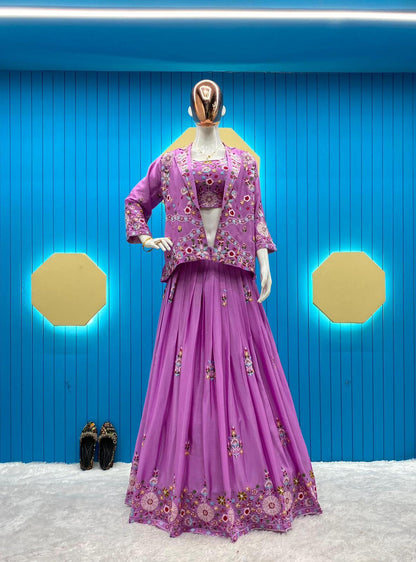 Wedding Wear Lavender Color Chinon Sequence Embroidery Work Lehenga Choli With Koti