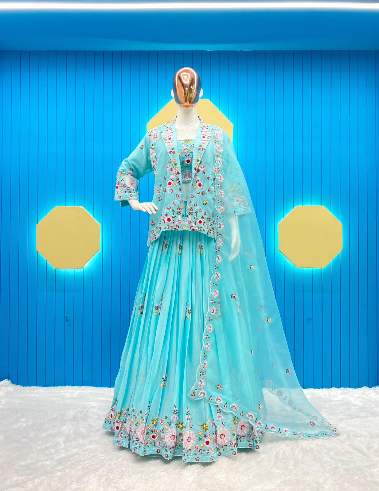 Party Wear Sky Color Chinon Sequence Embroidery Work Lehenga Choli With Koti