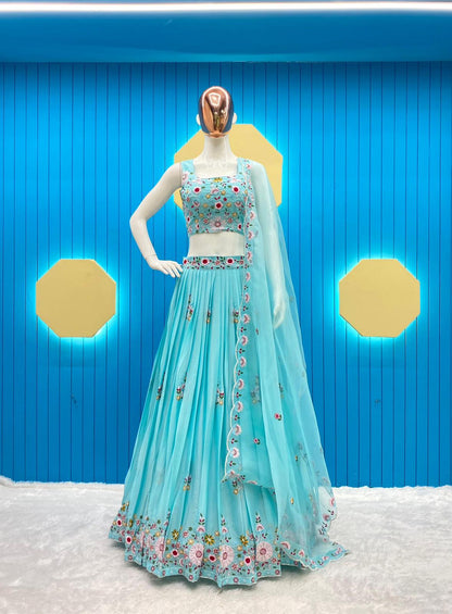 Party Wear Sky Color Chinon Sequence Embroidery Work Lehenga Choli With Koti