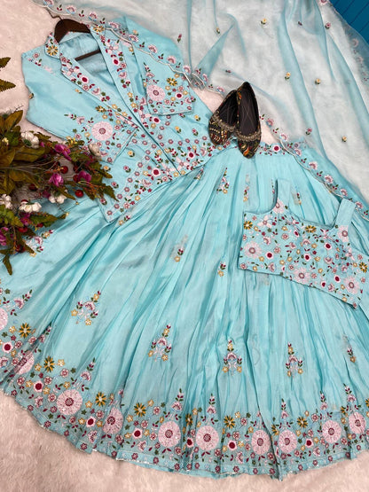 Party Wear Sky Color Chinon Sequence Embroidery Work Lehenga Choli With Koti