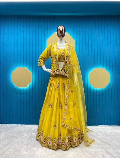 Haldi Special Wear Yellow Color Chinon Sequence Embroidery Work Lehenga Choli With Koti