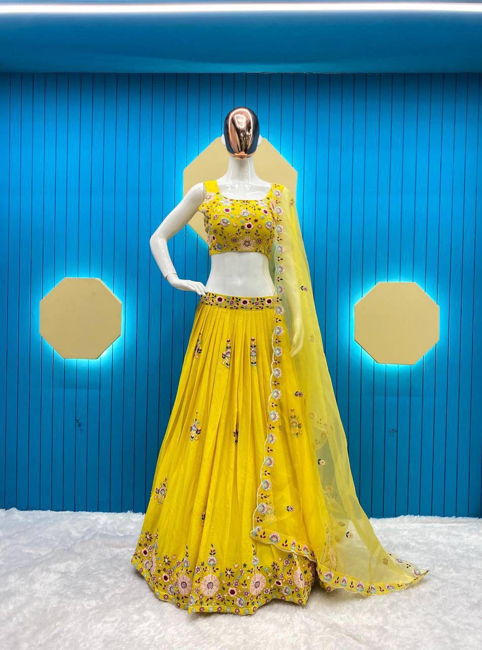 Haldi Special Wear Yellow Color Chinon Sequence Embroidery Work Lehenga Choli With Koti