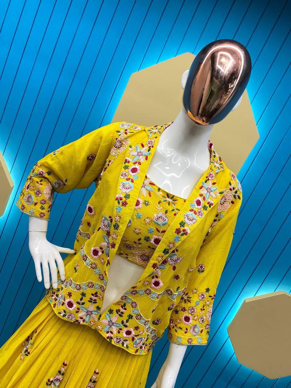Haldi Special Wear Yellow Color Chinon Sequence Embroidery Work Lehenga Choli With Koti