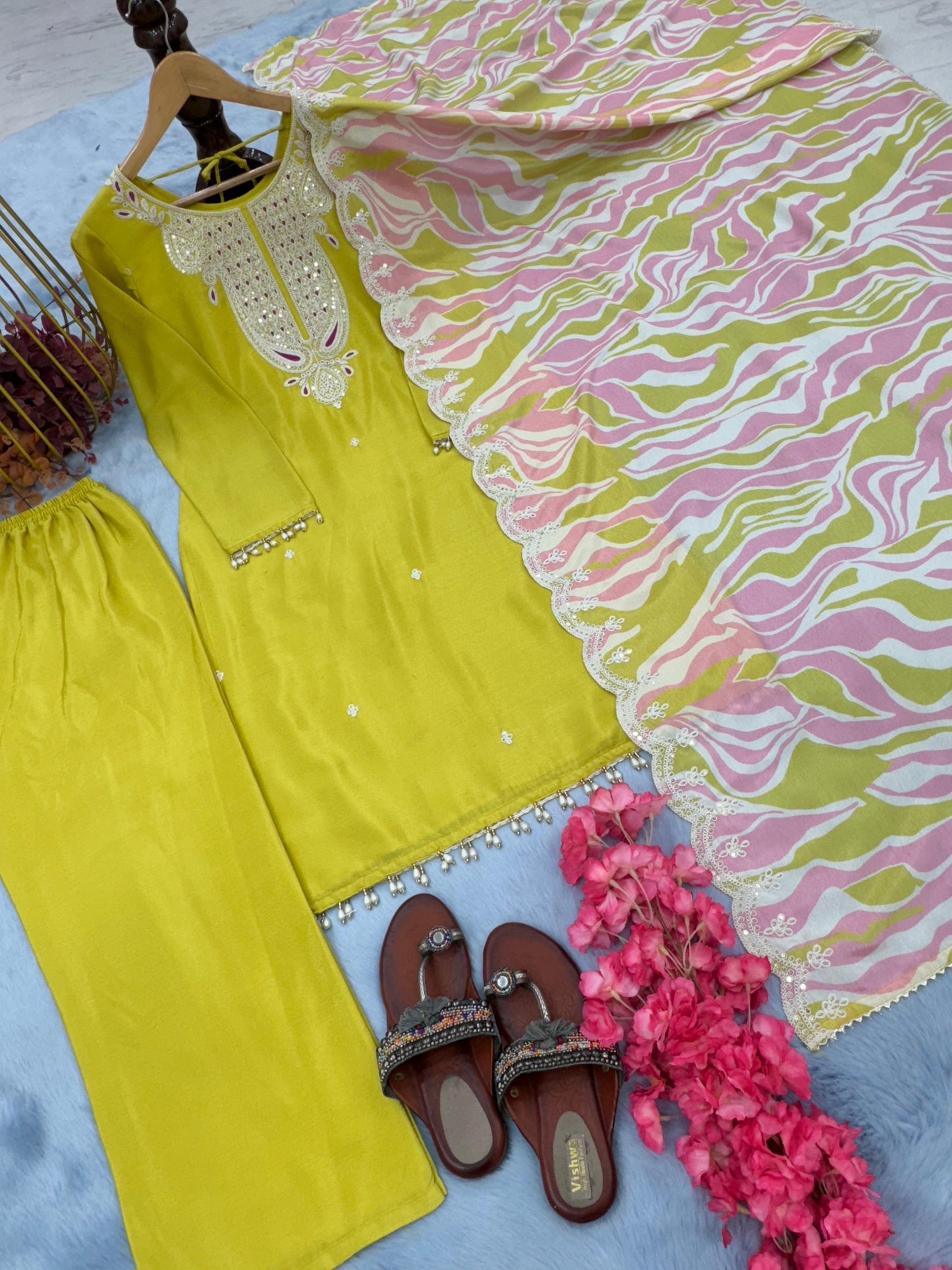 Decent Chinon Silk Lemon Color Salwar Suit
