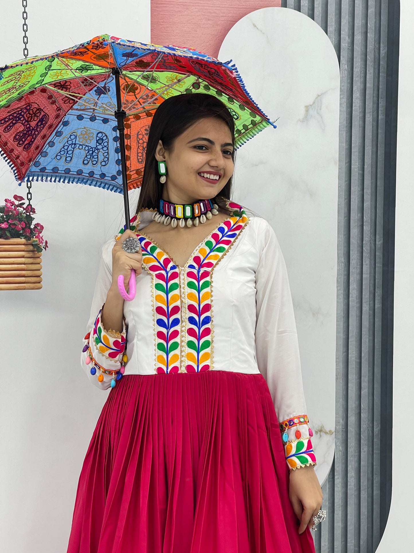 Designer Gamthi Work With Multi Gota Patti Pink Color Navratri Gown