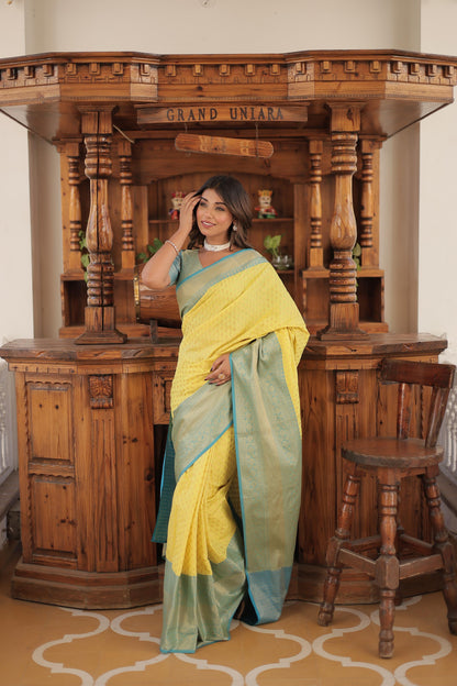 Wedding Wear Yellow Color Kanjivaram Silk With Zari Weaving Work Saree