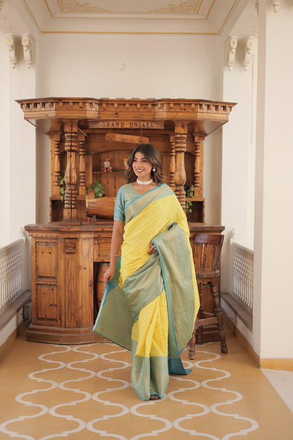 Wedding Wear Yellow Color Kanjivaram Silk With Zari Weaving Work Saree