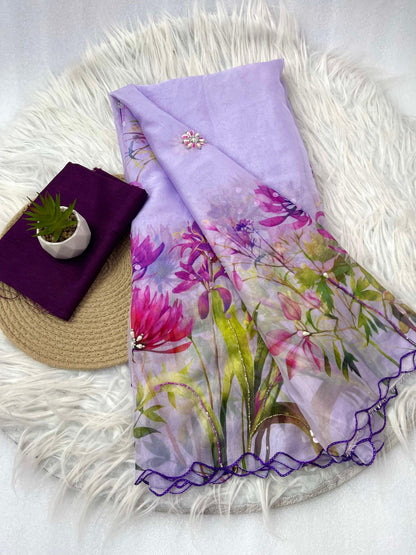 Designer Party Wear Lavender Color Floral Prints And Pure Soft Tabby Silk Saree