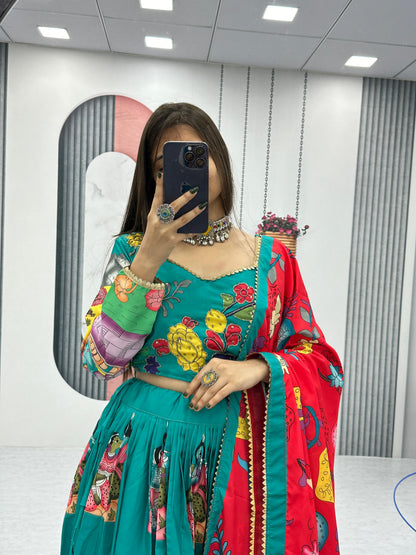 Traditional Wear Green Color Pure Cotton Kalamkari Print With Real Handwork Designer Lehenga Choli