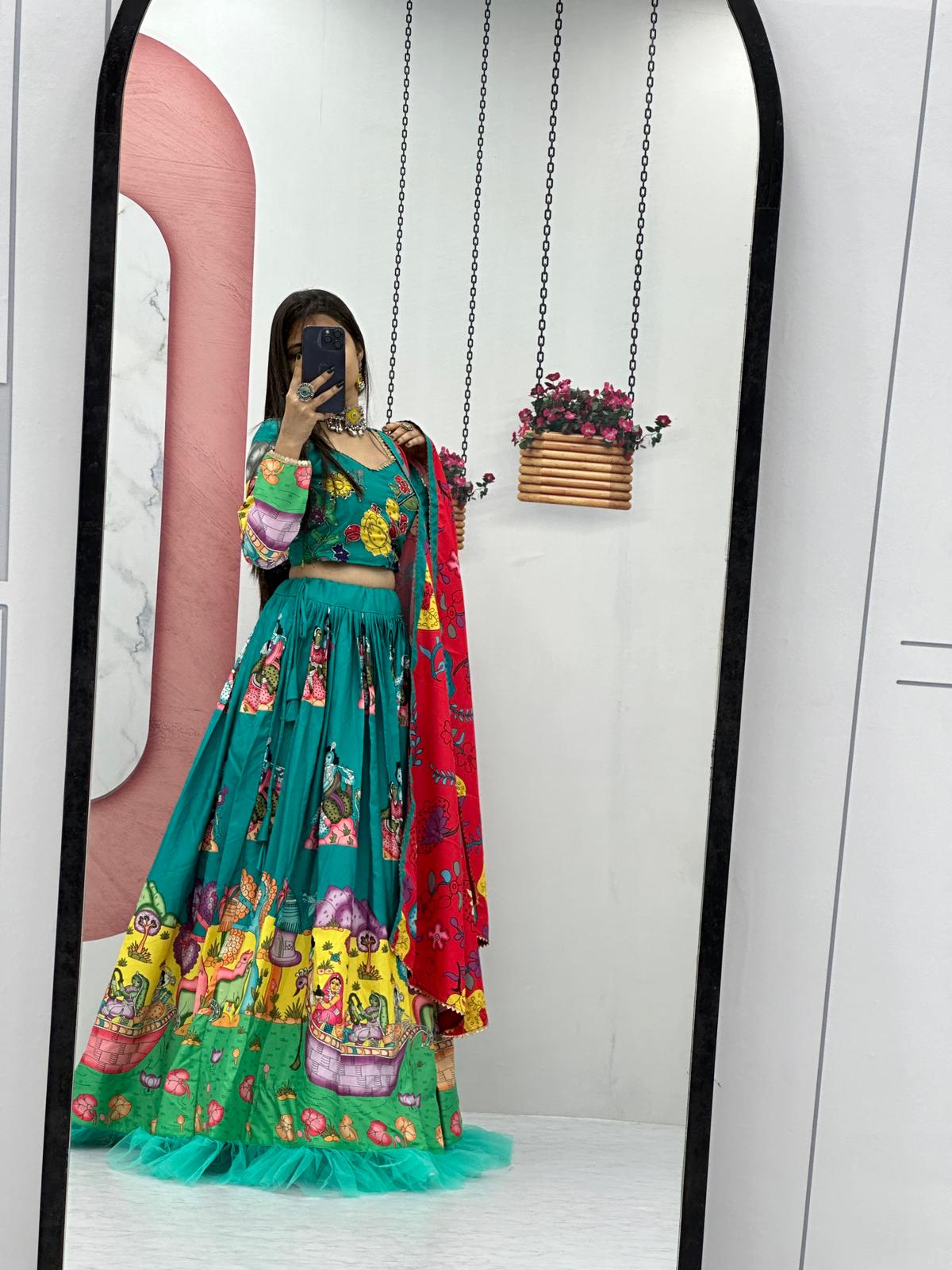 Traditional Wear Green Color Pure Cotton Kalamkari Print With Real Handwork Designer Lehenga Choli