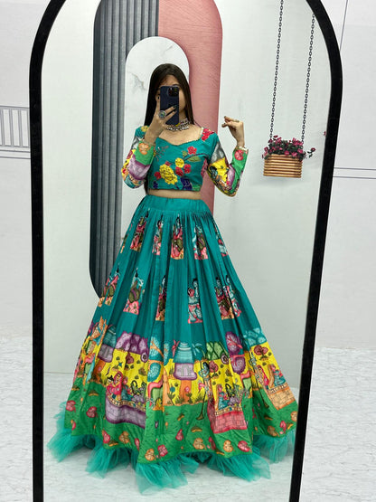 Traditional Wear Green Color Pure Cotton Kalamkari Print With Real Handwork Designer Lehenga Choli