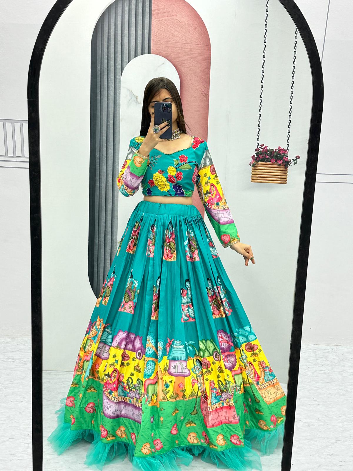 Traditional Wear Green Color Pure Cotton Kalamkari Print With Real Handwork Designer Lehenga Choli