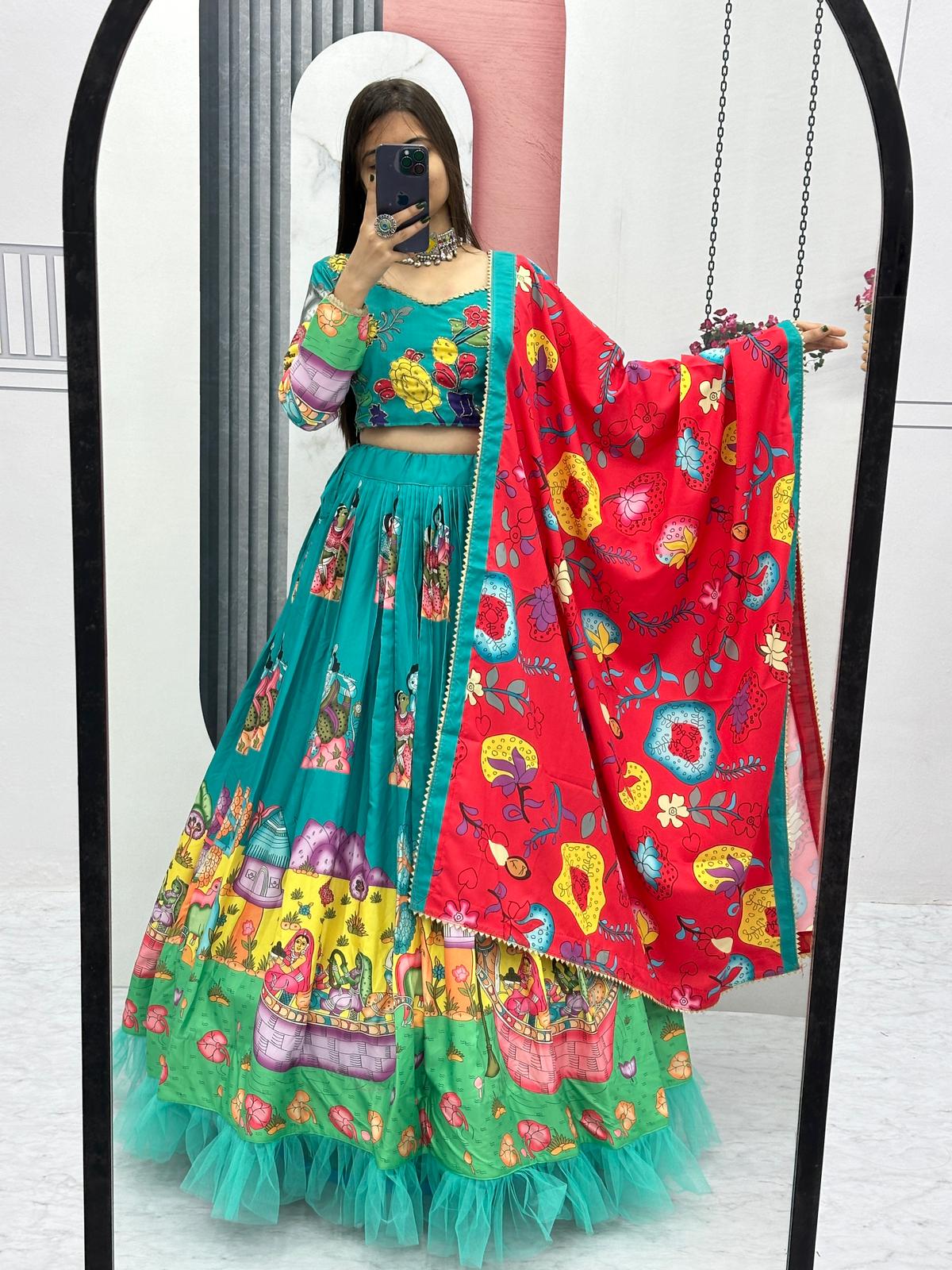 Traditional Wear Green Color Pure Cotton Kalamkari Print With Real Handwork Designer Lehenga Choli