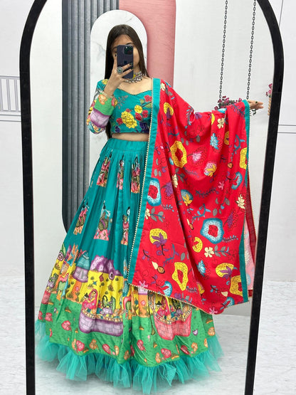 Traditional Wear Green Color Pure Cotton Kalamkari Print With Real Handwork Designer Lehenga Choli