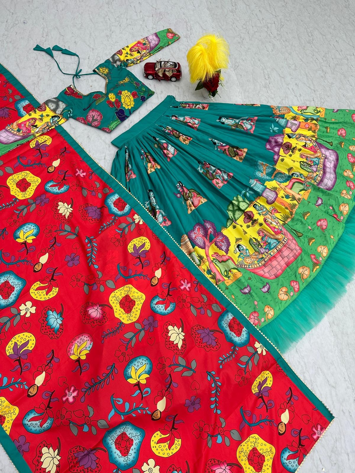 Traditional Wear Green Color Pure Cotton Kalamkari Print With Real Handwork Designer Lehenga Choli