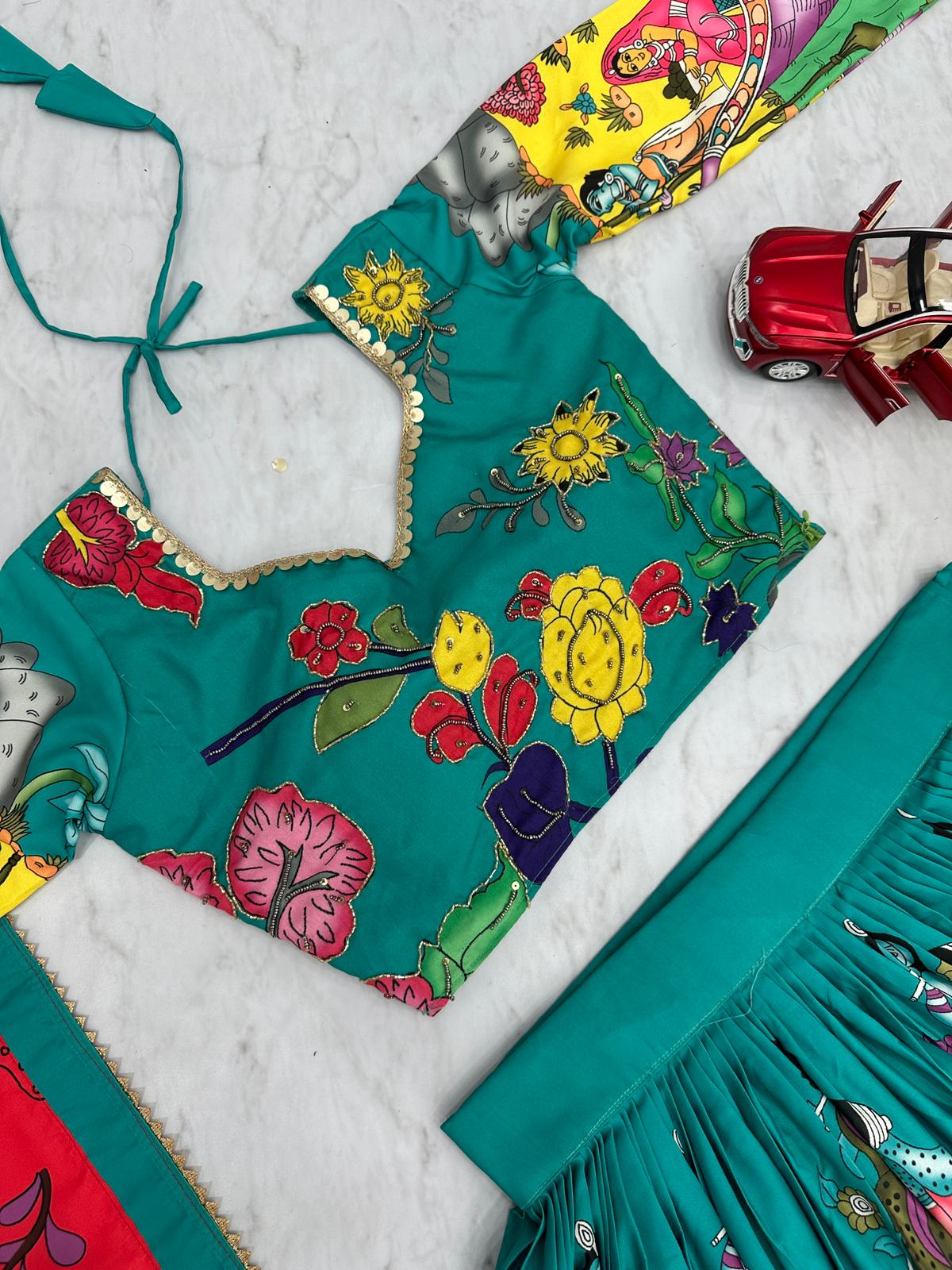 Traditional Wear Green Color Pure Cotton Kalamkari Print With Real Handwork Designer Lehenga Choli