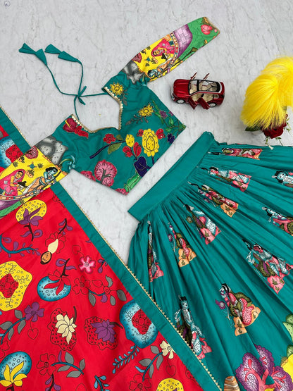 Traditional Wear Green Color Pure Cotton Kalamkari Print With Real Handwork Designer Lehenga Choli