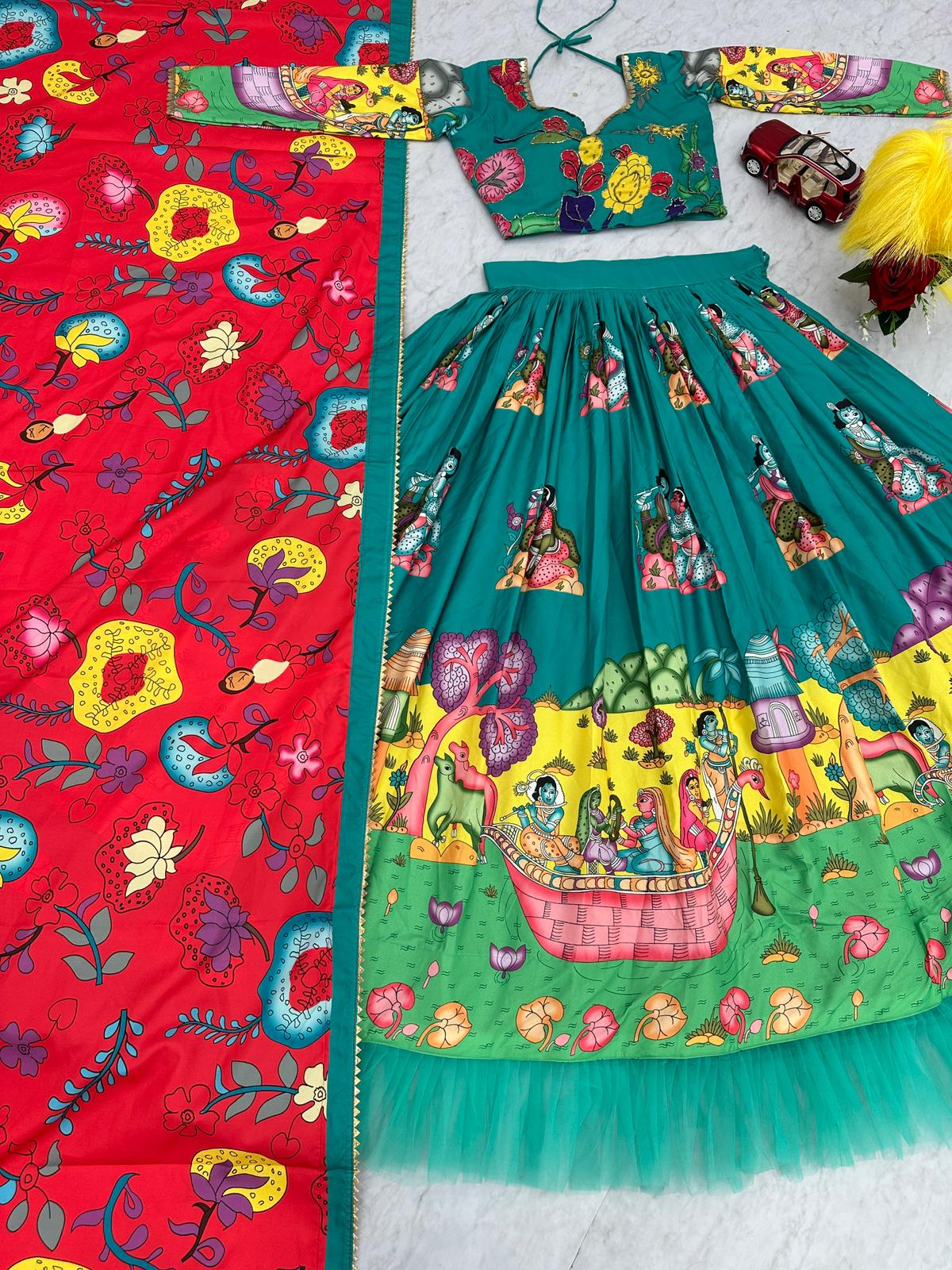 Traditional Wear Green Color Pure Cotton Kalamkari Print With Real Handwork Designer Lehenga Choli