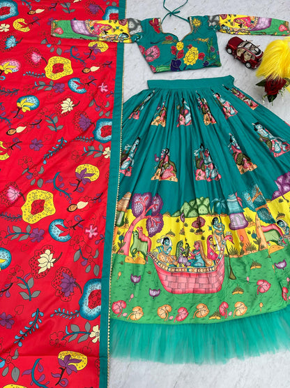 Traditional Wear Green Color Pure Cotton Kalamkari Print With Real Handwork Designer Lehenga Choli