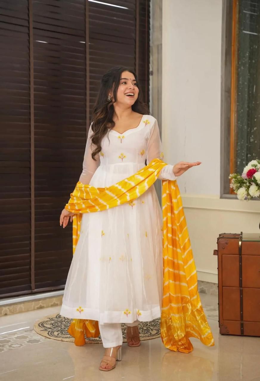 Party Wear White Color Embroidery Work Butta Georgette With Huge Flair Anarkali Suit