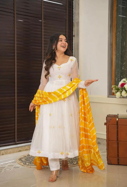 Party Wear White Color Embroidery Work Butta Georgette With Huge Flair Anarkali Suit