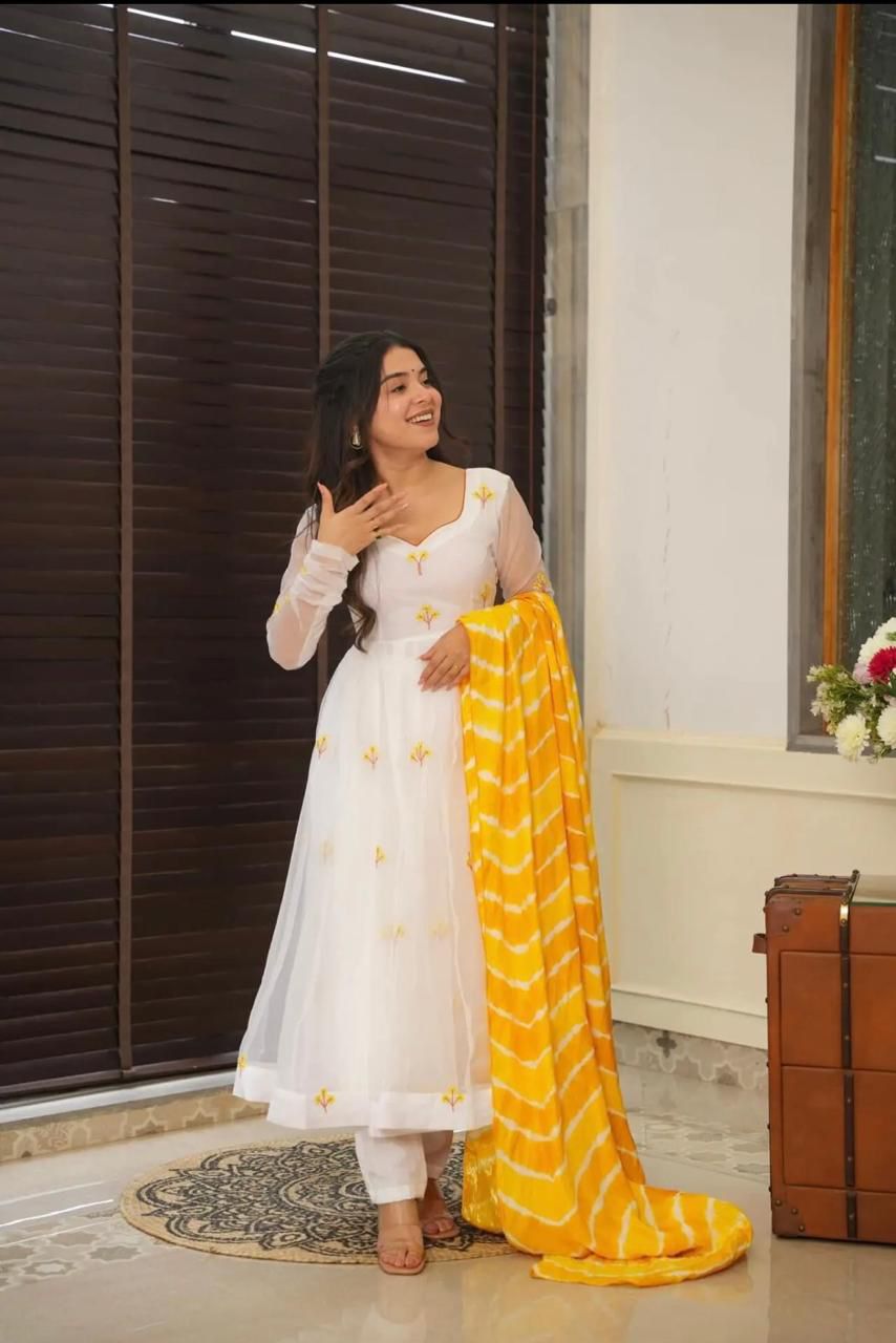 Party Wear White Color Embroidery Work Butta Georgette With Huge Flair Anarkali Suit