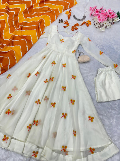 Party Wear White Color Embroidery Work Butta Georgette With Huge Flair Anarkali Suit