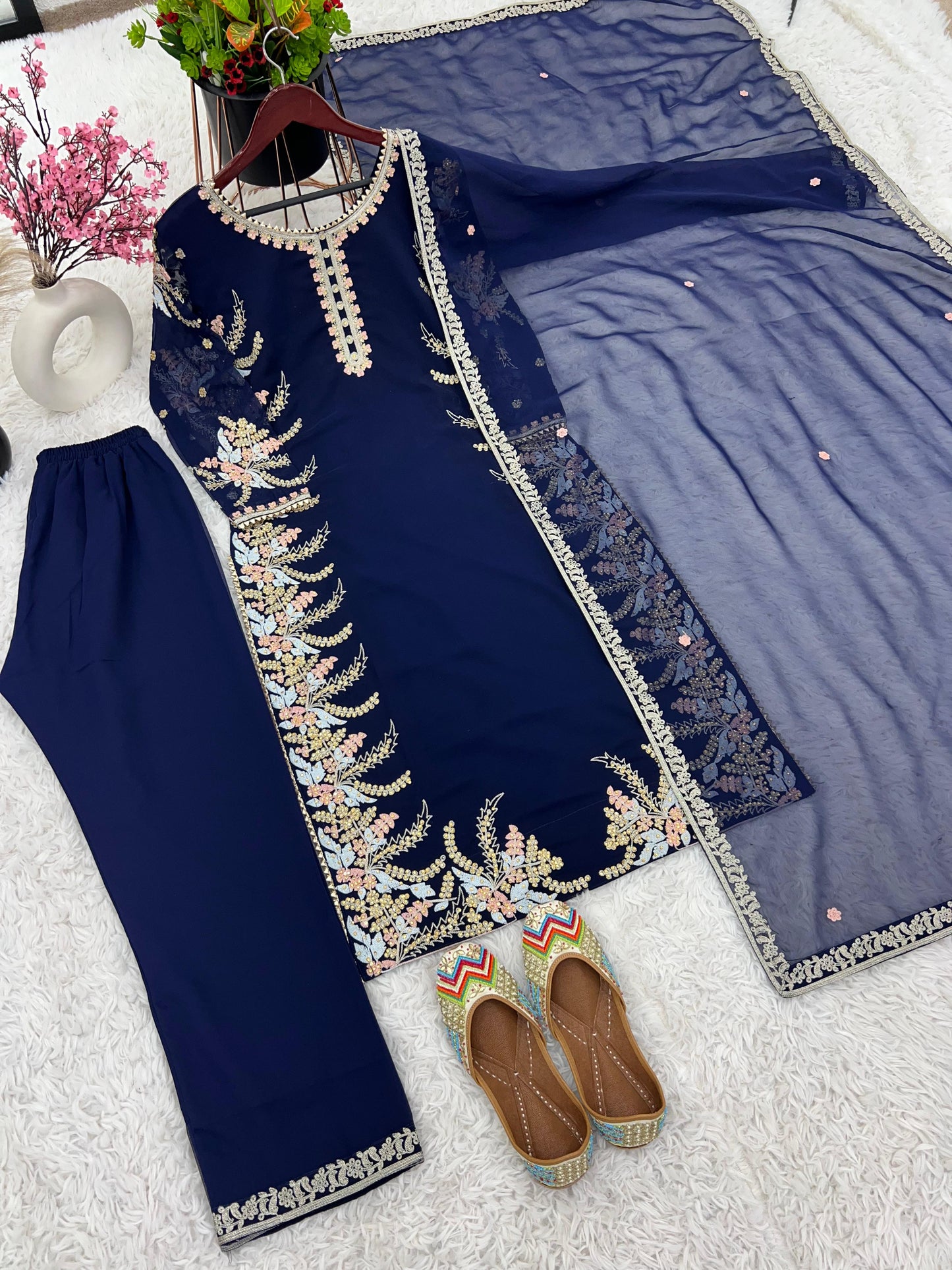 Classy Navy Blue Color Faux Georgette With Heavy Embroidery Work Salwar Suit