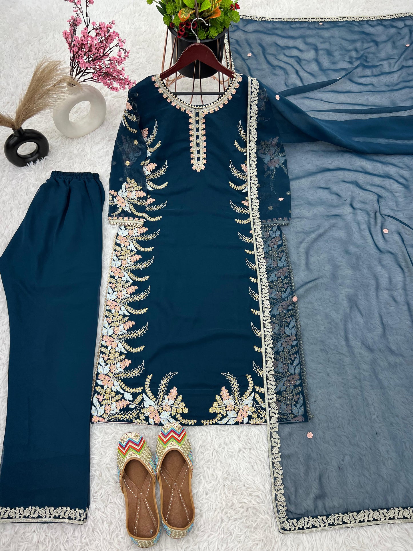 Classy Teal Blue Color Faux Georgette With Heavy Embroidery Work Salwar Suit