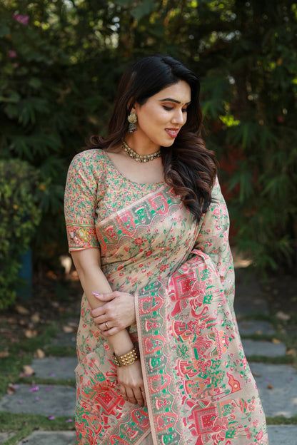 Reception Wear Beige Color Premium And Beautiful Pashmina Weaving Designer Saree