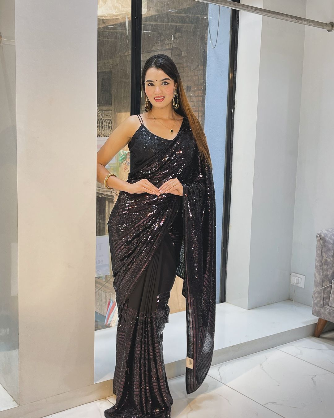 Gorgeous Black Color Heavy 5mm Sequins Embroidery Work Party Wear Saree