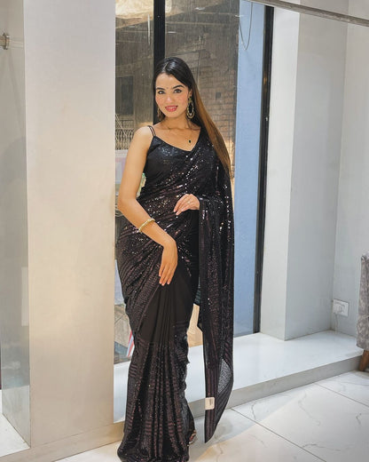 Gorgeous Black Color Heavy 5mm Sequins Embroidery Work Party Wear Saree