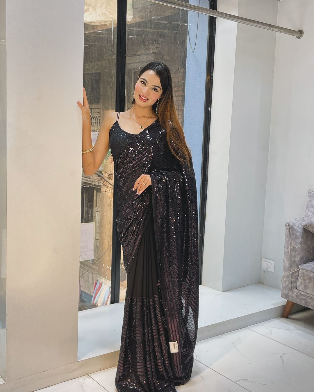 Gorgeous Black Color Heavy 5mm Sequins Embroidery Work Party Wear Saree