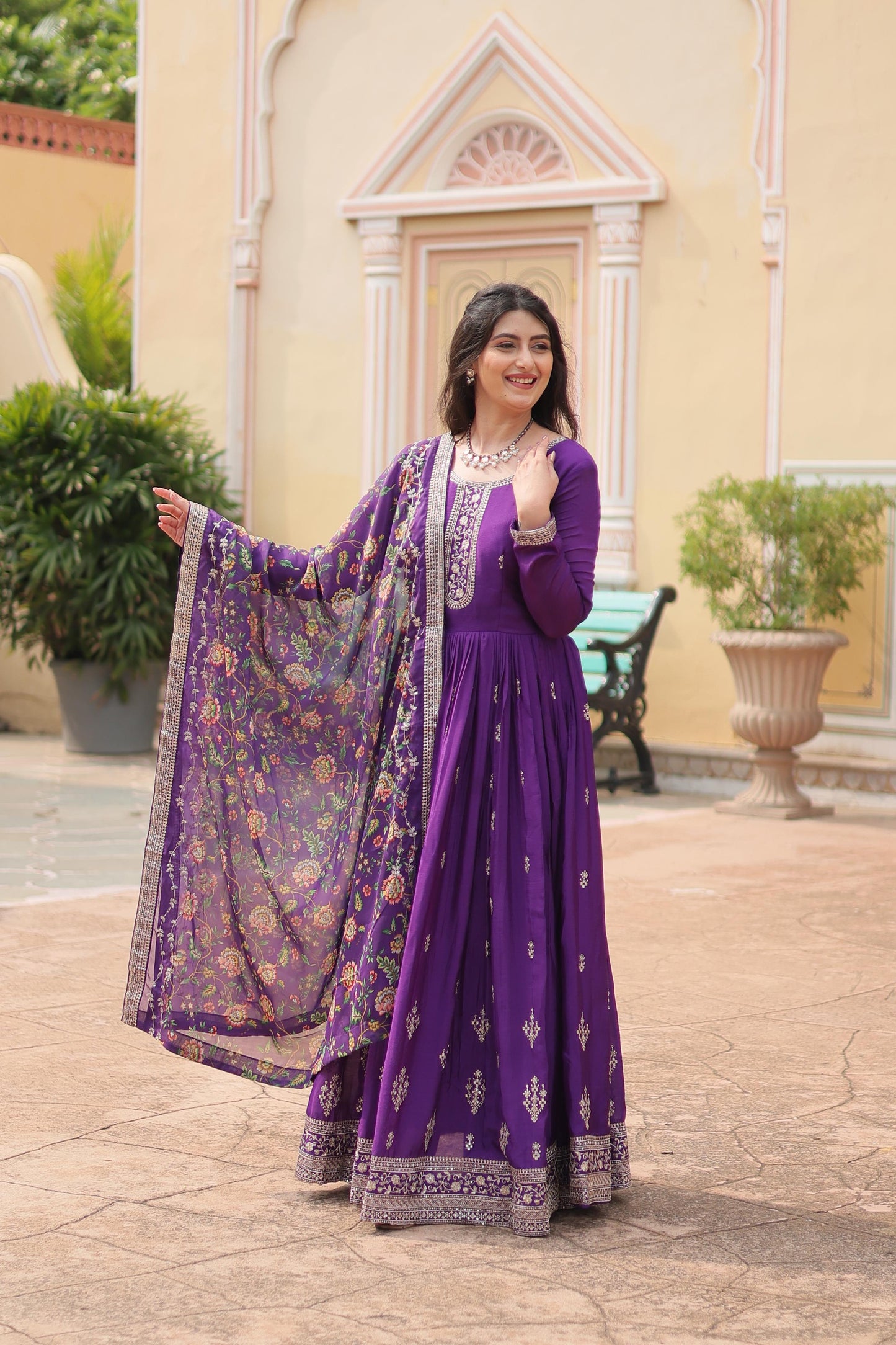 Marriage Special Purple Color Chinon With Rich Sequence Embroidered Work Designer Gown