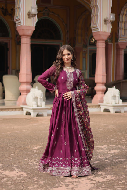 Marriage Special Wine Color Chinon With Rich Sequence Embroidered Work Designer Gown
