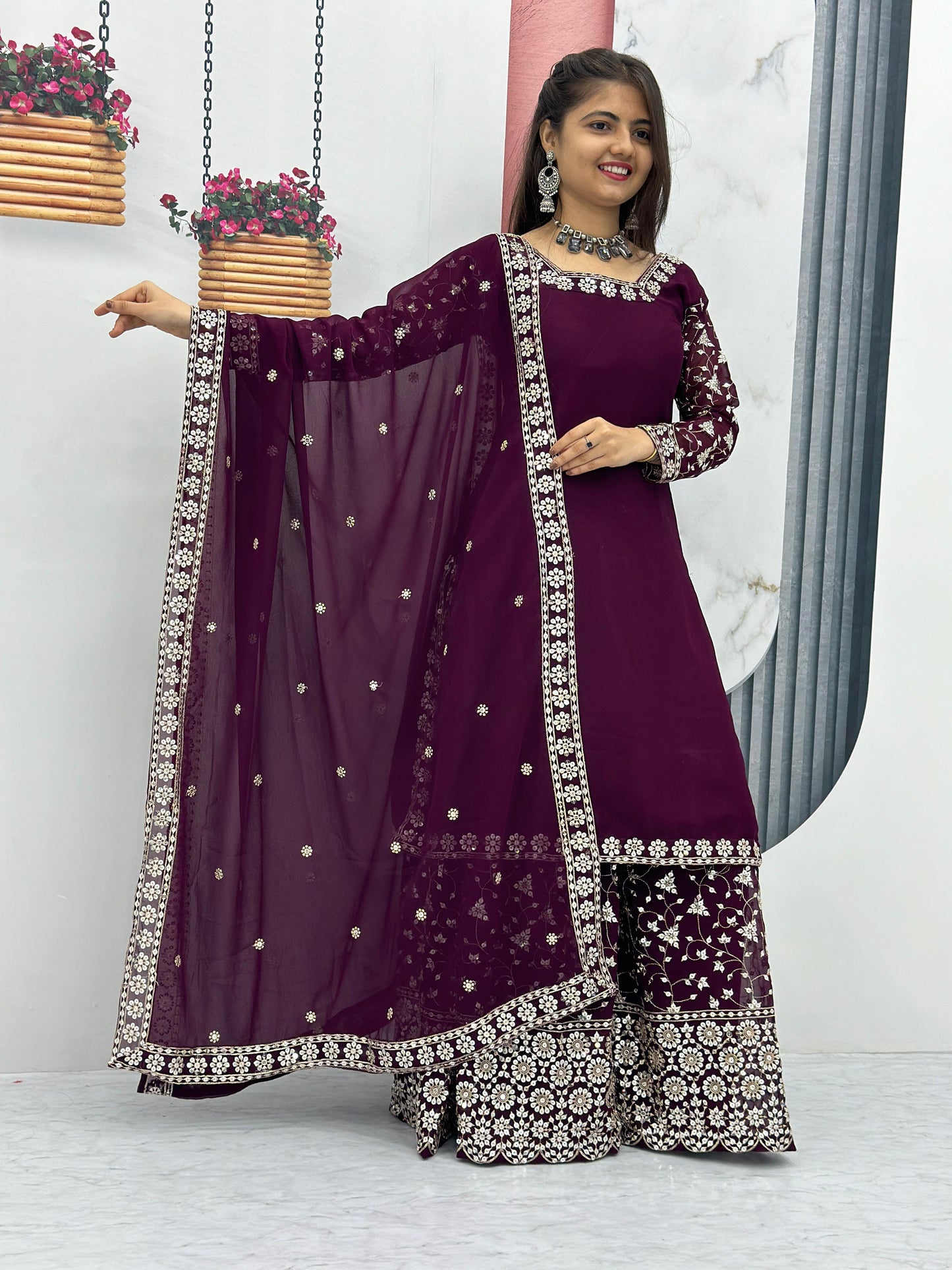 Engagement Wear Purple Color Heavy Faux Georgette With Embroidery 7 mm Sequence Work Palazzo Suit